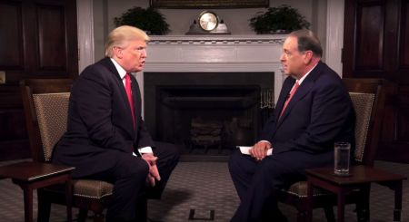 Mike Huckabee interviews President Donald Trump for the first episode of his TBN show 'Huckabee' that airs on October 7, 2017.