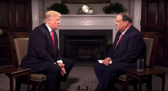 Mike Huckabee interviews President Donald Trump for the first episode of his TBN show 'Huckabee' that airs on October 7, 2017.