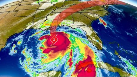 Projected path of Hurricane Nate that has strengthened to a Category 2 storm before it makes landfall in the U.S. Gulf Coast, October 7, 2017.