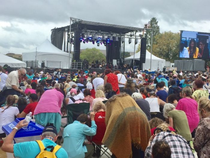 Christians gathered for The Call's Rise Up rally kneel in prayer on the National Mall in Washington, D.C. on October 9, 2017.