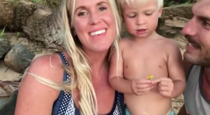 Bethany Hamilton with her son Tobias and husband Adam Dirks, 2017.