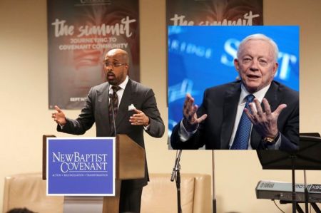 Frederick D. Haynes III, senior pastor of Friendship-West Baptist Church and Jerry Jones, owner of the NFL's Dallas Cowboys (inset).