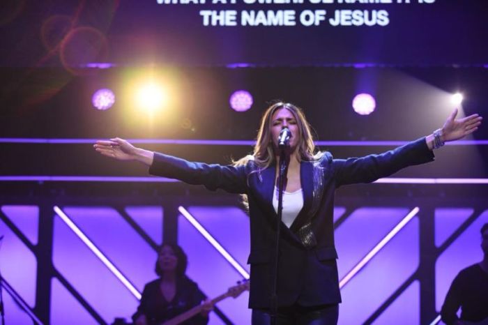 Brooke Ligertwood of Hillsong Worship sings at the 48th annual Dove Awards in Nashville, Tennessee, October 17, 2017.