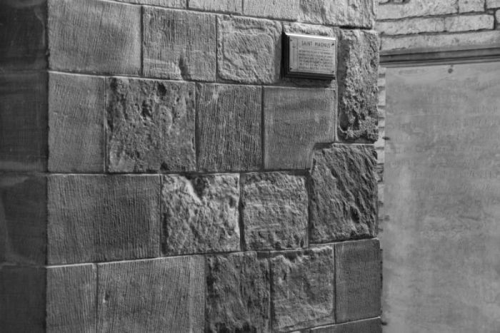 The remains of St. Magnus in the south aisle of St. Magnus Cathedral.