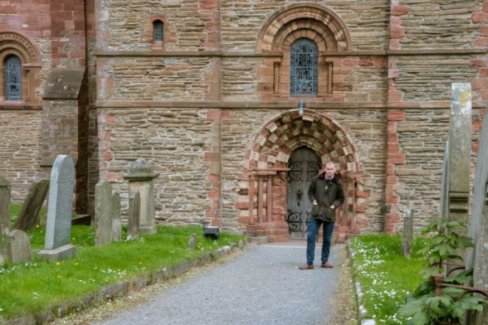 The Norman architecture of the south transept doorway at St. Magnus Cathedral.