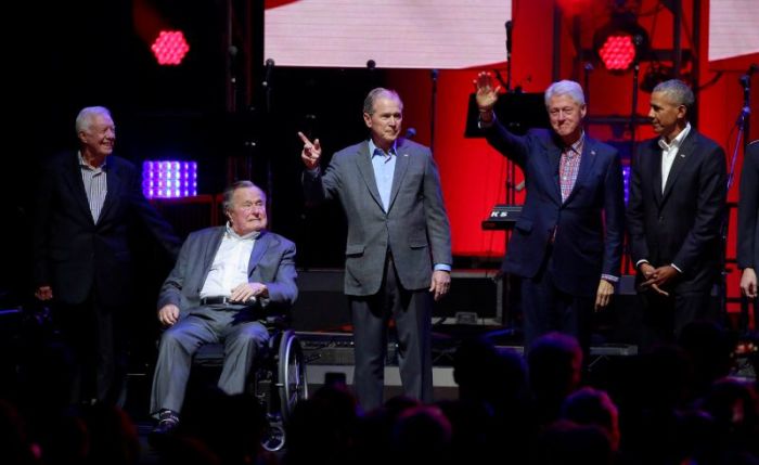 Five former U.S. presidents, Jimmy Carter, George H.W. Bush, George W. Bush, Bill Clinton, and Barack Obama attend a concert at Texas A&M University benefiting hurricane relief efforts in College Station, Texas, U.S., October 21, 2017.