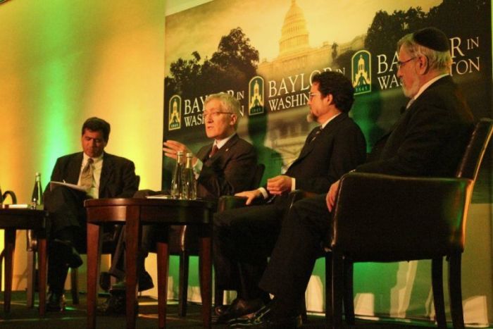 Princeton University law professor Robert P. George speaks during a panel discussion on secularism hosted by Baylor University in Washington, D.C., on Oct. 24, 2017. Seated to George's left are Shaykh Hamza Yusuf and Jonathan Sacks.