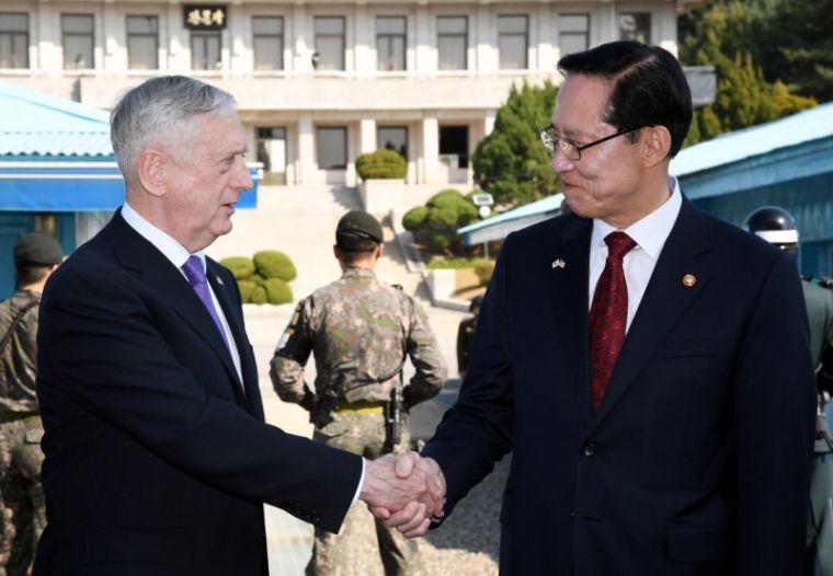 U.S. Defense Secretary Jim Mattis (L) and South Korean Defense Minister Song Young-moo visit the truce village of Panmunjom, South Korea, October 27, 2017.