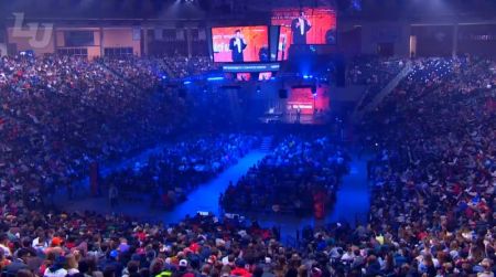 Christian apologist Alex McFarland addresses Liberty University students at a convocation in Lynchburg, Virginia on Monday, October 30, 2017.