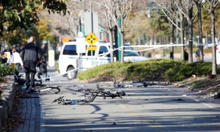 Multiple bikes are crushed along a bike path in lower Manhattan in New York, NY, U.S., October 31, 2017.