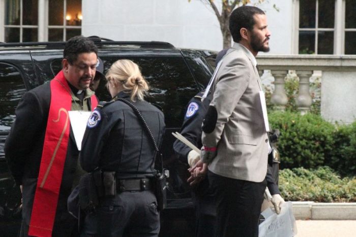 Christian leaders and activists are being arrested and booked after engaging in an unlawful demonstration outside of the Russell Senate office building in Washington, D.C. on November 1, 2017.