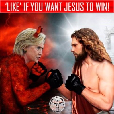 Russian page 'Army of Jesus' depicting Democratic nominee Hillary Clinton as Satan battling Jesus, ad released during the 2016 presidential campaign season.