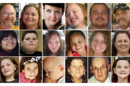 Eighteen of the 26 victims who were fatally shot by Devin Kelley at First Baptist Church of Sutherland Springs, Texas, on November 5, 2017. They are (1st row L-R) Bryan Holcombe, Karla Holcombe, Crystal Holcombe, Brook Ward, Marc Daniel 'Danny' Holcombe, Richard Rodriguez; (2nd row L-R) Annabelle Pomeroy, Greg Hill, Joann Ward, Emily Garza, Tara McNulty and Shani Corrigan; (3rd row L-R) Emily Hill, Haley Krueger, Noah Holcombe, Sara Johnson, Dennis and Megan Hill.