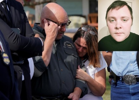 Pastor Frank Pomeroy, with his wife Sherri, listens at a news conference outside the site of the shooting at his church. Suspected mass murderer Devin Kelley, 26, is pictured in the photo at inset.