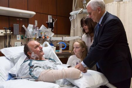 Vice President Mike Pence and his wife Karen meet with a survivor of the First Baptist Church of Sutherland Springs massacre at Brooke Army Medical Center and University Hospital in San Antonio, Texas on Wednesday November 8, 2017.