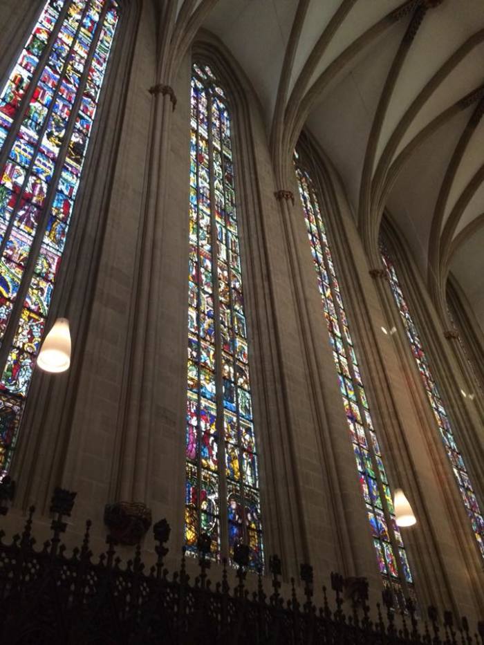 Stained glass windows inside Erfurt Cathedral in Erfurt, Germany.