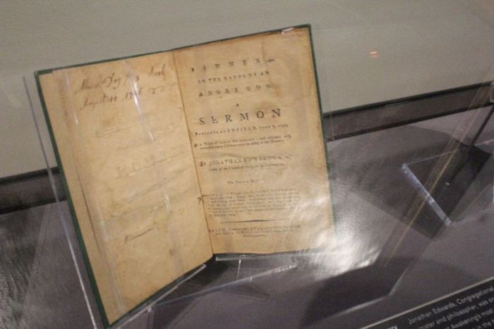 A published copy of Jonathan Edwards' sermon 'Sinners in the Hands of an Angry God' sits on display at the Museum of the Bible in Washington, D.C. on Nov. 14, 2017.