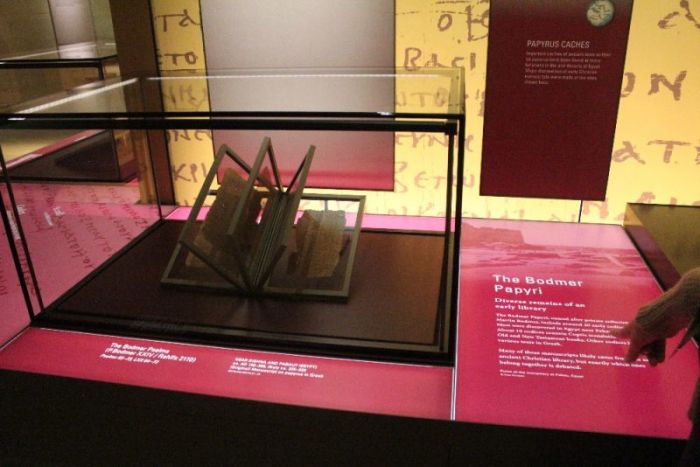 Leaves of the Bodmer Papyri that dates back to as early as the third century sits on display at the Museum of the Bible in Washington, D.C. on Nov. 14, 2017.