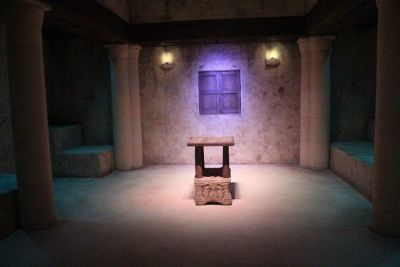 A table sits in the synagogue of the Museum of the Bible's 'The World of Jesus of Nazareth' exhibit in Washington, D.C., on Nov. 14, 2017.