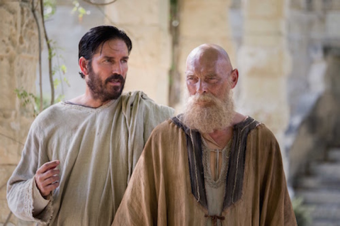 Jim Caviezel as Luke and James Faulkner as Paul., 2017