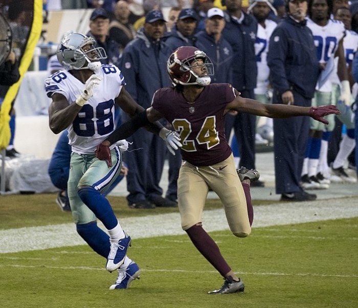 Washington Redskins cornerback Josh Norman (24) covers Dallas Cowboys wide receiver Dez Bryant (88) at FedEx Field in Landover, Maryland on Oct. 29, 2017.