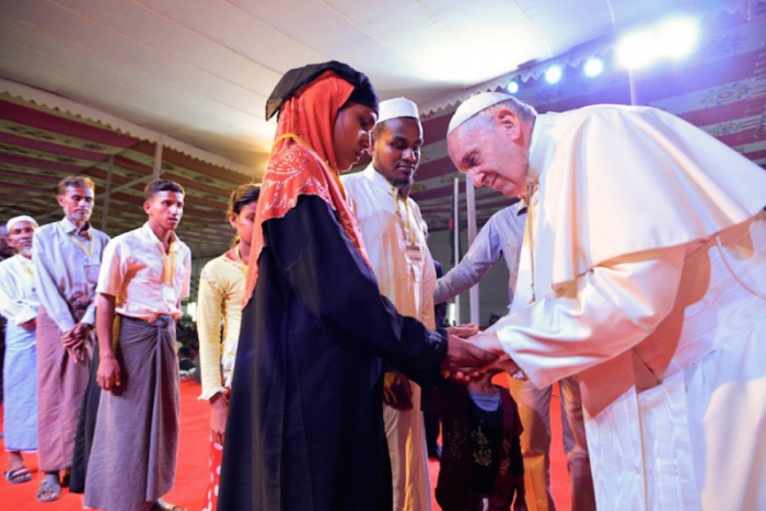 Pope Francis meets a group of Rohingya refugees in Dhaka, Bangladesh December 1, 2017.