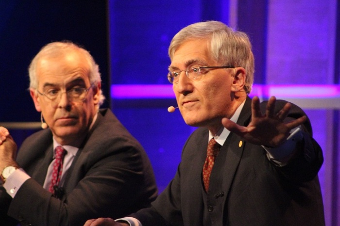 Veteran New York Times op-ed columnist David Brooks (L) and Robert P. George (R), McCormick Professor of Jurisprudence and director of the James Madison Program in American Ideals and Institutions at Princeton University, at the Kaufman Center in New York City, December 7, 2017.