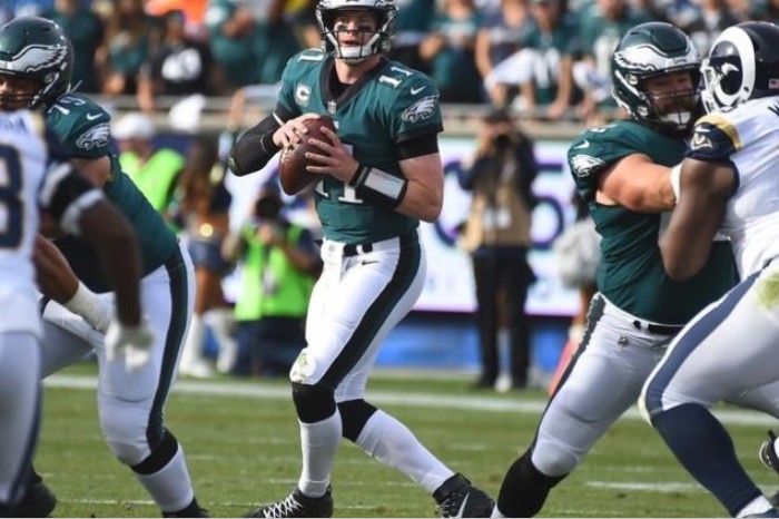 Philadelphia Eagles quarterback Carson Wentz (11) during the game against the Los Angeles Rams at the Los Angeles Memorial Coliseum, Dec. 10, 2017.