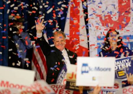 Democratic Alabama U.S. Senate candidate Doug Jones acknowledges supporters at the election night party in Birmingham, Alabama, U.S., December 12, 2017.