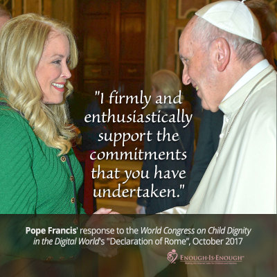 Donna Rice of Enough Is Enough meets Pope Francis in Rome for the World Congress on Child Dignity in the Digital World in October 2017.