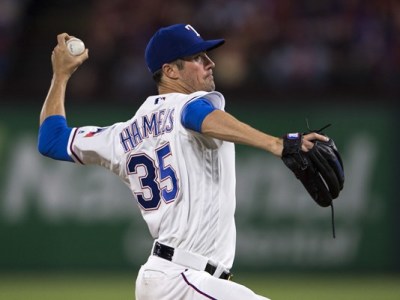 Texas Rangers starting pitcher Cole Hamels pitches against the Houston Astros during the seventh inning at Globe Life Park in Arlington on Apr 20, 2016 in Arlington, Texas.