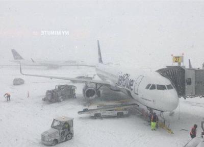 Staff work on next to a parked plane at John F. Kennedy International Airport during a snow storm, in Queens, New York, U.S. in this photo taken January 4, 2018.