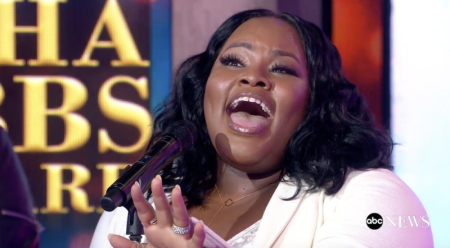 Grammy Award-winning gospel singer Tasha Cobbs-Leonard performs 'I'm Getting Ready' from her album 'Heart. Passion. Pursuit' in Times Square, New York City, January 4, 2018.