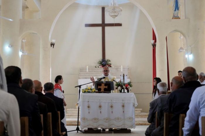 Chaldean Catholic Church, which was damaged by Islamic State militants, in the town of Tel Esqof, Iraq, April 16, 2017.