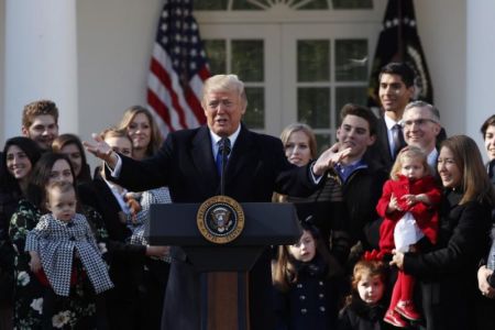 U.S. President Donald Trump addresses the annual March for Life rally, taking place on the National Mall, from the White House Rose Garden in Washington, U.S., January 19, 2018.