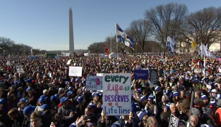 Tens of thousands of people gather at the National Mall for the 45th annual March for Life in Washington, D.C., January 19, 2018.