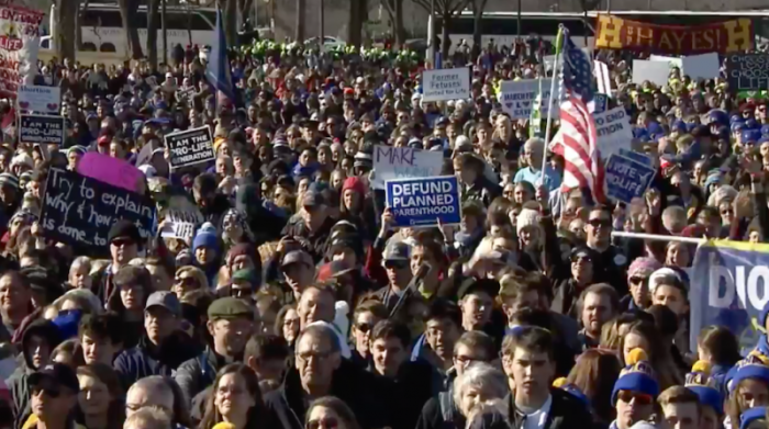 Tens of thousands of people gather at the National Mall in Washington, D.C., for the 45th Annual March for Life, Jan. 19, 2018.