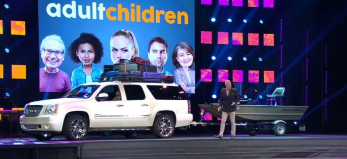 Ed Young, Fellowship Church of Grapevine, Texas pastor, delivering the first part of his sermon series 'Adult Children' on Sunday, January 14, 2018. The automobile behind him with baggage tied on top represented the personal baggage people carry around with them.