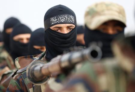 Turkey-backed Free Syrian Army fighters are seen at a training camp in Azaz, Syria, January 28, 2018.