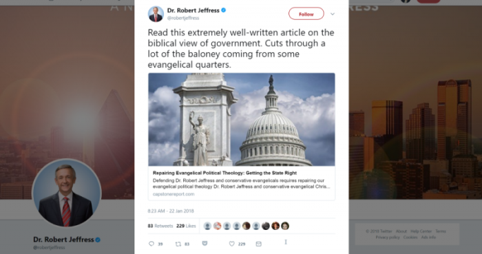 Twitter post from Dr. Robert Jeffress, First Baptist Dallas, January 22, 2018.