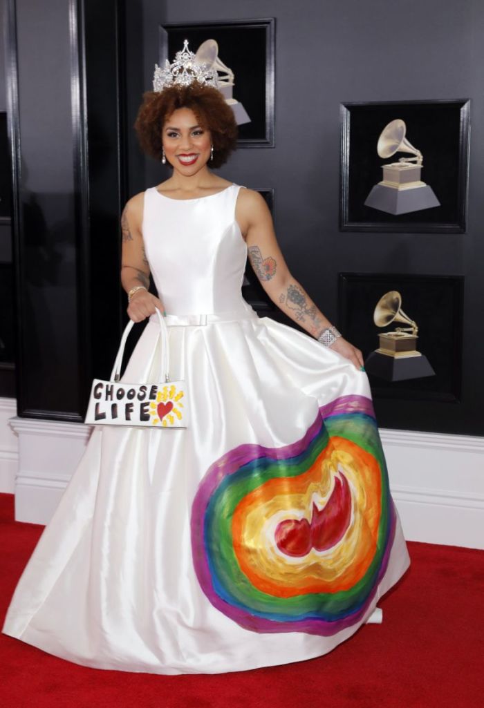 Joy Villa arrives at the 60th Annual Grammy Awards wearing a pro-life dress, Jan. 28, 2018.