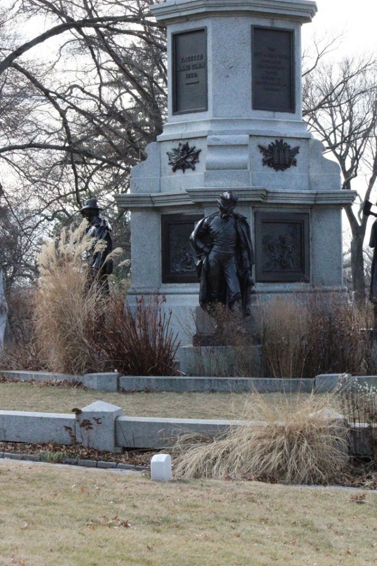 The Civil War Soldiers' Monument overlooks what is believed to be Elizabeth Tilton's grave at Greenwood Cemetery in Brooklyn, New York.