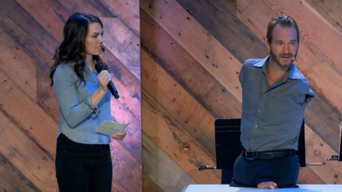 Hannah Schuller speaking with evangelist Nick Vujicic at Shepherd's Grove church in California on January 28, 2018.