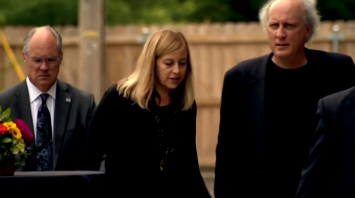 Nashville Mayor Megan Barry (C) leaves the Belcourt Theatre with her husband Bruce (R) and former head of her security detail, Metro police Sgt. Robert Forrest Jr. who she admitted to having an affair with in August 2017.