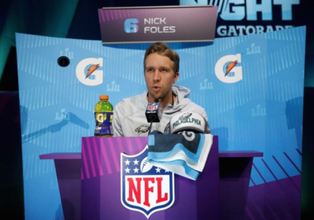 Philadelphia Eagles quarterback Nick Foles speaks to reporters during Super Bowl Opening Night at the Xcel Energy Center in St. Paul, Minnesota, U.S. January 29, 2018.