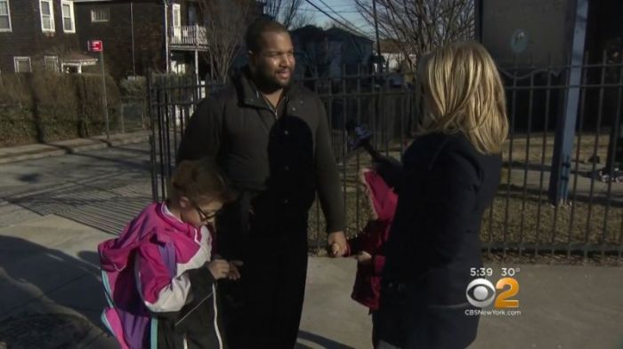 Parents at PS 65 in Staten Island, New York, speaking with reporters on February 5, 2018.