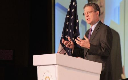 United States Ambassador at-Large for International Religious Freedom Sam Brownback speaks at the 'Alliance of Virtue' conference at the Marriott Marquis in Washington, D.C. on Feb. 6, 2018.