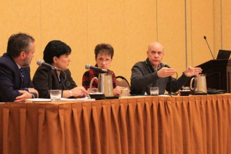 Four Christian college presidents participate in a panel discussion at the Council for Christian Colleges and Universities 2018 International Forum held at the Gaylord Texan Convention Center in Grapevine, Texas on Feb. 1, 2018. From left to right: Biola University President Barry Corey, Roberts Wesleyan College President Deana Porterfield, Houghton College President Shirley Mullen and Point Loma Nazarene University President Bob Brower.