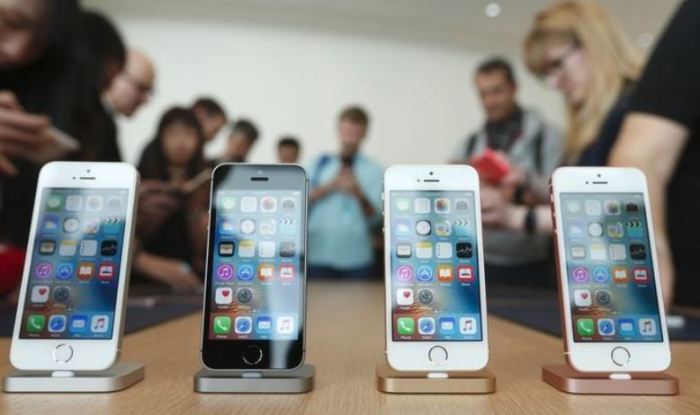 iPhone SEs displayed at Apple's headquarters in Cupertino, California