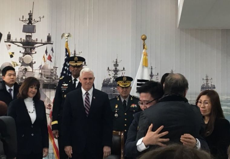 Ji Seong-ho, who fled the North Korean regime, embraces Fred Warmbier, father of Otto Warmbier who died as a result of his imprisonment in North Korea, in Pyeongchang, South Korea, February 9, 2018.